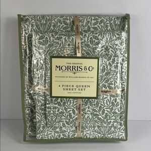 William Morris & Co Queen Sheet Set Green White Floral Tropical 100% Cotton NEW